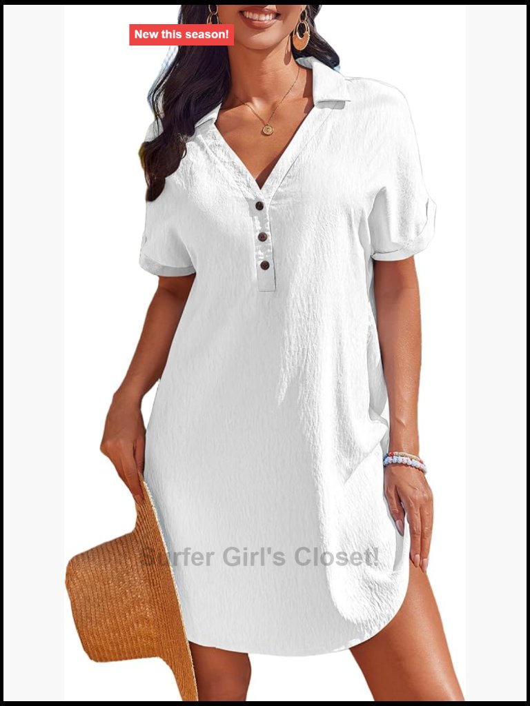 Short Sleeve Button Down Swimsuit Cover Up Shirt Dress For Women